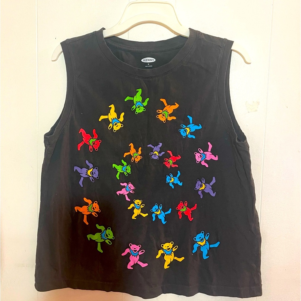 Old Navy Black Tank Top with Colorful Bear Print